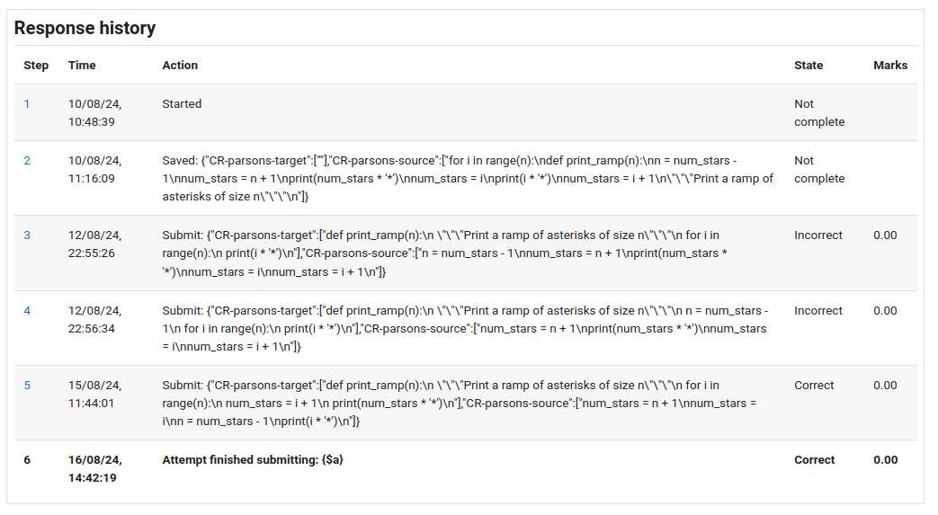 Screen shot of response history