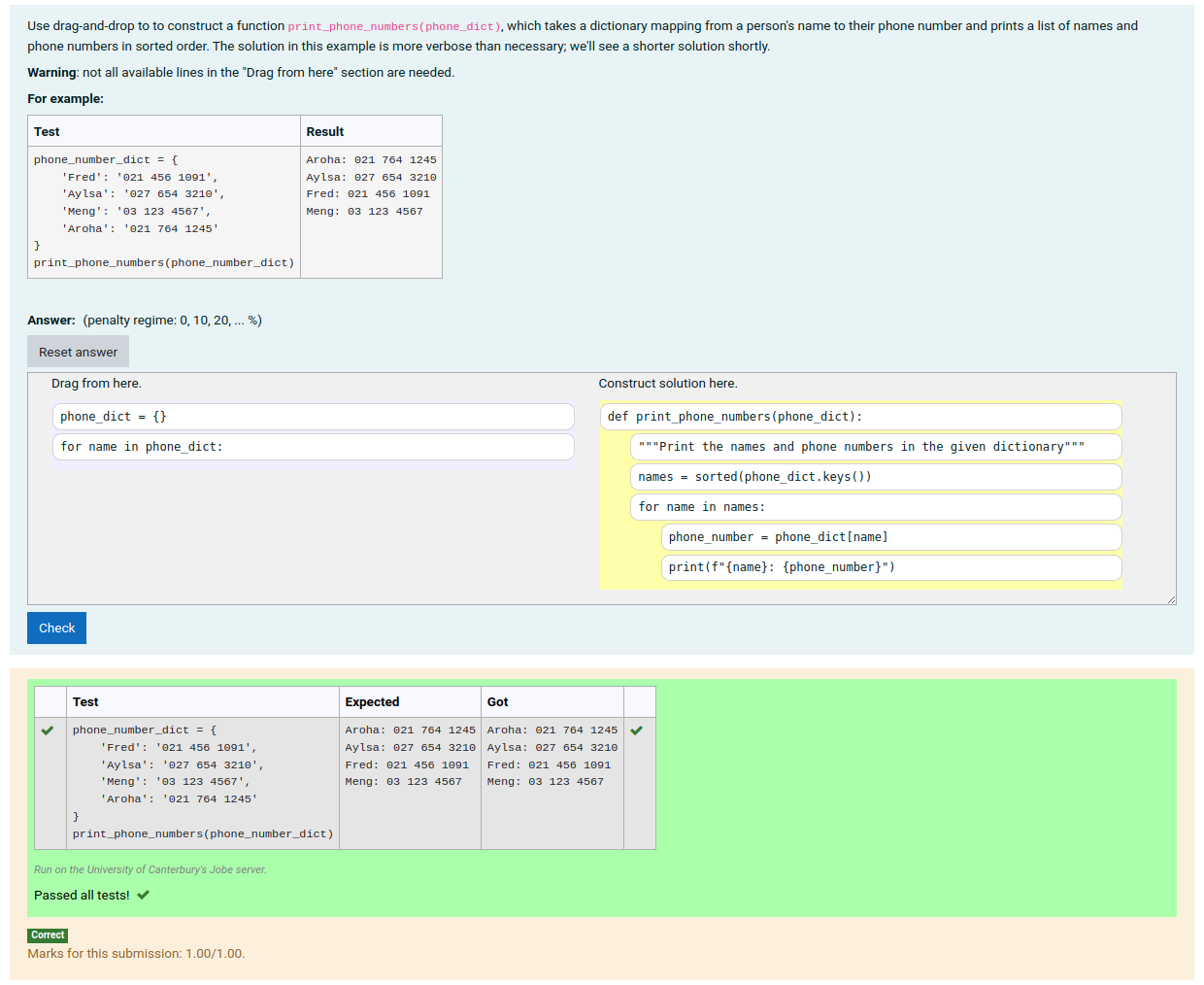 A graded Parson's problem in CodeRunner