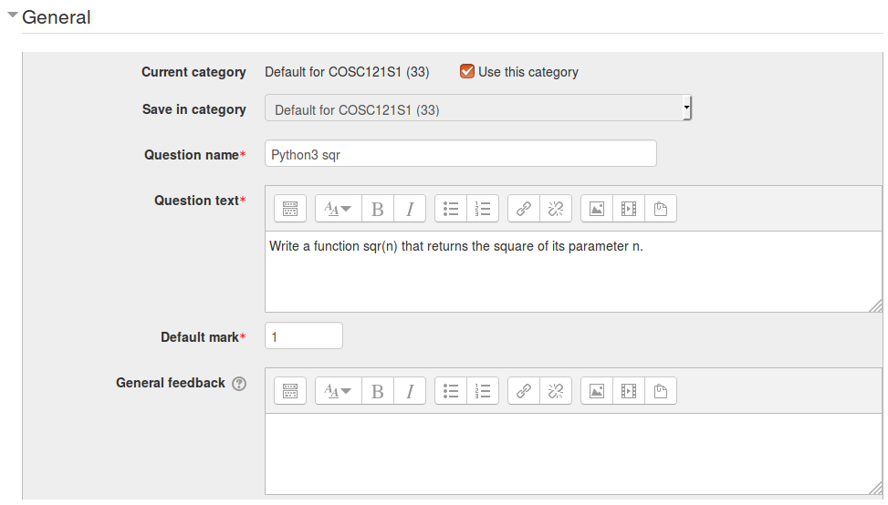 The General panel of the question authoring form